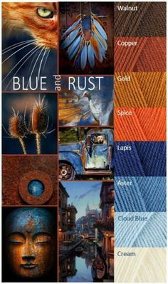 the cover of blue and rust with images of cats, flowers, and other things