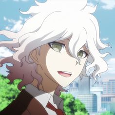 an anime character with white hair and blue eyes looking at the camera in front of a cityscape