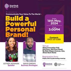 a flyer for the build a powerful personal brand event with two people in front of it