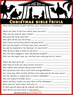 christmas bible trivia for kids with the nativity scene in black and red background