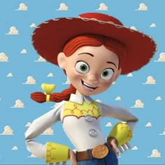 a cartoon character wearing a red hat and holding a yellow flower in her right hand