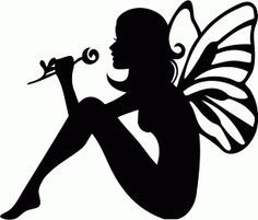 the silhouette of a fairy holding a wand in her hand and sitting down with it's legs crossed