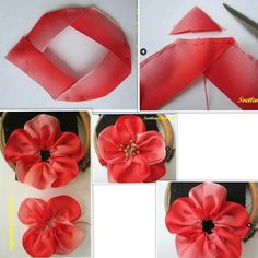 step by step instructions on how to make an origami flower with ribbon and scissors