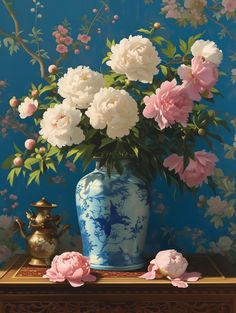 a blue and white vase filled with pink flowers