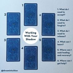 six blue playing cards with the words working with your shadow