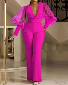 Lasaky - Sparkly Sheer Mesh Puff Lantern Sleeve High Waisted Jumpsuit High Waist Jumpsuit, Slim Jumpsuit, Evening Jumpsuit, Fitted Jumpsuit, Casual Wide Leg Pants, فستان سهرة, Jumpsuit Party, Sleeves Clothing, Long Sleeve Jumpsuit