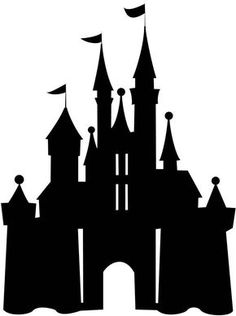 a black and white silhouette of a castle with flags flying in the sky over it