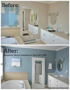 before and after photos of a bathroom remodel with blue paint on the walls