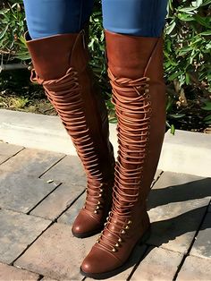 Lace Up Leather Over The Knee Boots by ECHOINE Over-the-knee boots Cross lace-up PU leather Flat heel Lace Up Riding Boots, Block Heel Knee High Boots, Heel Knee High Boots, Popular Boots, Army Boots, Zipper Heels, Round Toe Shoes, Boots Women Fashion, Casual Shoe