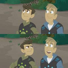 three cartoon images of two men, one with green eyes and the other with brown hair