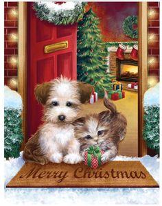 two small dogs sitting in front of a christmas door