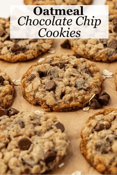 oatmeal chocolate chip cookies on a baking sheet with the title overlay