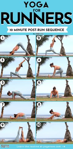 a woman doing yoga poses in front of the ocean and palm trees with instructions on how to