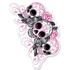 a pink sticker with skulls and roses on it