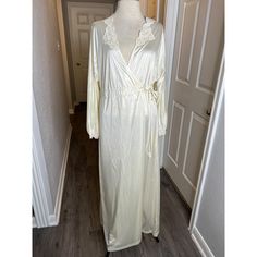 Size M Lace details Excellent condition Cream champagne color Vintage lingerie Long Daywear Robe With Lace Trim, Long Robe With Lace Trim For Daywear, Cream Lace Trim Robe For Daywear, Long Cream Robe For Spring, Cream Long Sleeve Robe For Wedding Night, Long Sleeve Cream Robe For Wedding Night, Color Vintage, Pajama Robe, Womens Robes