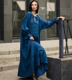 Linen maxi dress "Sweet" in navy blue! A boho dress with long puff sleeve and tie v-neck looks very romantic. You will definitely be noticed when wearing this casual oversized dress. DETAILS * Maxi length * Long puff sleeve * Tie-up V-neck * Belt * Loose fit * Perfect for summer, autumn, spring! MATERIAL * Made from certified 100 % all-natural premium European linen! COLOUR OPTIONS * The color of the product - navy blue You can also choose other color: Available in 204 colors! SIZE * From XS to Plus size * Dress length - 144 cm, sleeve length - 58 cm, bust - 118 cm Individual sewing in your size! Maxi Dress With Belt, Linen Dress Summer, Navy Blue Linen, Oversized Dress, Linen Maxi Dress, European Linens, Dress With Belt, Dress Boho, Long Puff Sleeves