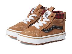 Vans Kids SK8-Hi Zip MTE-1 (Infant/Toddler) - Boy's Shoes : Plaid Brown/Black : From his favorite flannels, to tried and true denims, he'll be trending and timeless in these Vans Kids SK8-Hi Zip MTE-1 sneakers! These sporty, quilted kicks feature a high-top silhouette with a plush collar and classic side-stripe detailing in a patterned leather and textile upper. A lace-up vamp and back zipper seal the old-school deal. A breathable textile lining and comfort-cushioned insole make all-day wear a n Casual High-top Skate Shoes For Outdoor Activities, Casual Winter Sneakers With Non-slip Soles, Casual Winter Non-slip Sneakers, Casual Mid-top Skate Shoes For Outdoor Activities, Ear Seeds, Plaid Brown, Vans Kids, Toddler Boy Shoes, Boys Sneakers