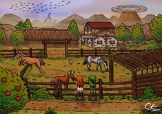 a painting of horses in a fenced in area with houses and mountains behind them