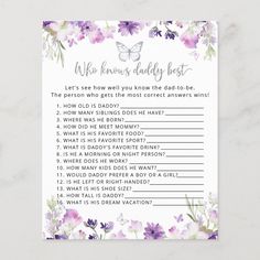 a purple and white floral baby shower game