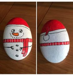 two pictures of an egg decorated like a snowman