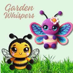 two crocheted stuffed animals sitting in the grass with text that reads garden whisperss