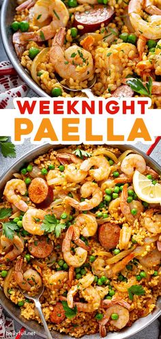 two pans filled with paella and shrimp