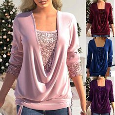 Great Shopping Womens Summer Tunic Tops Ladies Long Sleeve Sequins Shirts Blouse Plus Size Tee, Women's Tops Glitter Blouse, Asymmetrical Collar, Straight Clothes, Sequin Blouse, Casual Chique, Estilo Chic, Elegant Blouses, Collar Top, Look Plus