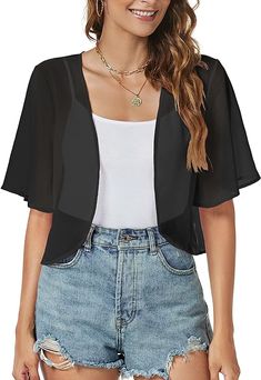 Women Shrug Chiffon Cardigans Open Front Short Sleeve Bolero for Evening Dressy Women Shrug, Chiffon Bolero, Short Sleeve Bolero, Fishnet Crop Tops, Sleeve Bolero, Chiffon Cardigan, Jean Skirts, Blazer Casual, Color Explosion