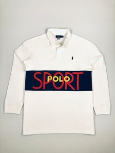 This shirt's logo is from Ralph Lauren's athletic-themed Spring 1991 collection, which featured "Polo Sport" branding prior to the official launch of Polo Sport.   DETAILS Classic Fit: Polo Ralph Lauren's roomiest silhouette. Cut for a lower armhole and a fuller sleeve that falls closer to the elbow. Twill rugby collar. Three-button placket. Rubber buttons. Long sleeves with ribbed cuffs. Archival "Polo Sport" logo printed at the center chest. Even vented hem. Signature embroidered Pony at the l Cotton Polo Shirt With Graphic Print For Sports Season, Sporty Relaxed Fit Crew Neck Polo Shirt, Letter Print Polo Shirt For Streetwear, White Polo Shirt With Graphic Print For Sports Season, White Graphic Print Polo Shirt For Sports Season, Sporty Polo Collar Top For Streetwear, Sporty Crew Neck Polo Shirt With Letter Print, Sporty Polo Shirt With Letter Print For Streetwear, Sporty Cotton Polo Shirt With Logo Print