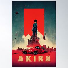 a movie poster with an image of a man standing on top of a red car