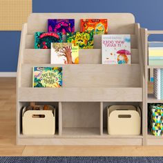 children's bookshelf with bins and baskets on the floor