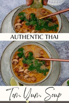 Two bowls of Thai Tom Yum soup Easy Tom Yum Soup Recipe, Easy Tom Yum Soup, Vegan Tom Yum Soup, Vegan Tom Yum, Thai Tom Yum Soup, Sweet And Sour Soup