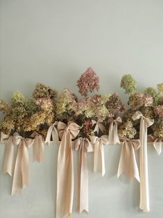 bow stacking. dried hydrangeas with blush silk ribbon bows in a floral display on a fireplace mantel. Hand Dyed Silk Ribbon, White Bridal Bouquet, Hand Dyed Silk, Luxury Silk, Industrial Wedding, Floral Centerpieces, Bridesmaid Bouquet, Rehearsal Dinner