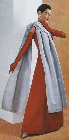 Givenchy, 1955. ♥1950s fashion. See our entire collection of Stoles at http://www.whitestole.com Figure Front And Back, Givenchy Fashion, Red Gloves