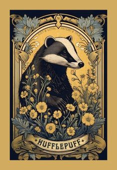 a badger is sitting in the middle of some flowers and plants, with an ornate frame around it