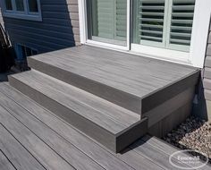 a wooden deck with steps leading up to the front door