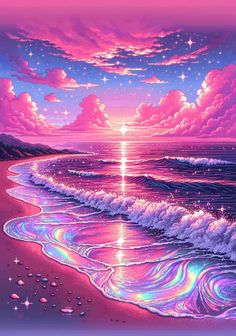 a painting of the ocean with pink clouds and stars in the sky above it is an image of a beach at sunset