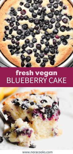 fresh vegan blueberry cake in a pan with a slice cut out and served on a plate