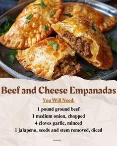 Ingredients:\n1 pound ground beef\n1 medium onion chopped\n4 cloves garlic minced\nInstructions:\nMix ground beef with onion and garlic.\nCook until browned.\nAdd cheese to beef mixture and stir.\nPlace mixture onto dough and seal empanadas.\nBake or fry empanadas until golden.\n#BeefEmpanadas #EmpanadaRecipe #GroundBeefRecipes #CheeseEmpanadas #BakedEmpanadas Empanadas Recipe Easy, Cheesy Beef Empanadas, Beef And Cheese Empanadas, Beef Empanadas Recipe, Cheese Empanadas, Pasties Recipes, Beef Empanadas, Empanadas Recipe, Ground Beef Recipes For Dinner