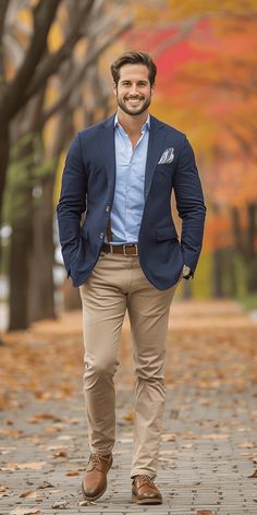 This fall wedding guest outfit formal look includes a navy blue blazer and a paisley pocket square f Navy Blue Mens Wedding Attire Casual, Blue Blazer Outfit Men Formal, Mens Outfit Semi Formal, Men's Formal Outfit, Mens Mix And Match Suits, How To Wear A Blue Blazer, Blazer Outfits Men For Wedding, Mens Suits Fall Wedding, Semi Casual Groom Attire