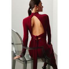 Red knit (95% Acetate, 5% Elastane). A-line. Long sleeves. Plunge neck. Back zipper closure. 51.5" from shoulder to hemline. Imported. Red V-neck Holiday Maxi Dress, Elegant Red V-neck Maxi Dress, Chic Red Maxi V-neck Dress, Affordable Red V-neck Maxi Dress, Red Stretch V-neck Maxi Dress, Plunge Dress, Rent The Runway, Closet Designs, A Line