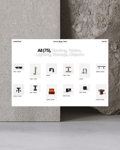 an advertisement for the all 73 seating tables and storage objects collection on display in front of a stone wall