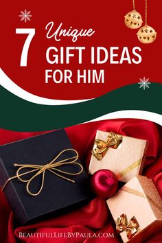 christmas presents with the words unique gift ideas for him on it and below them is an image