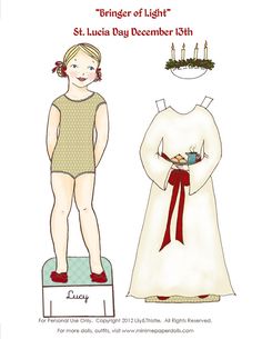 a paper doll is standing next to a girl in a white dress and red shoes