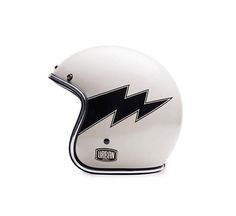 a white helmet with black lightning on the front and side, against a white background