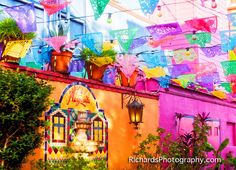 there are many colorful flags hanging from the side of this building with potted plants