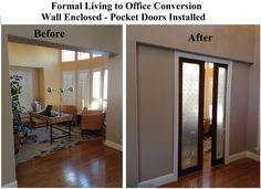 the before and after shots of a living room door with glass paneling on it