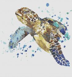 a cross - stitch pattern of a sea turtle in blue and brown colors, with watercolor splashes on it's body