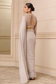 Buy Grey Saree Silk Chiffon Embroidered Lace Scoop Neck With Work Blouse For Women by Tarun Tahiliani Online at Aza Fashions. Lace Saree, Tarun Tahiliani, Gray Silk, Lace Neckline, Blouse For Women, Chiffon Saree, Chantilly Lace