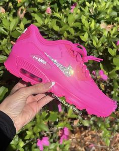 Women's Hot pink Nike Air Max 90 encrusted with Swarvoski crystals💎✨ - you can choose to have either the outer checks with bling or all 4 checks.. options are available under the drop box!  - SIZING : True to size  PLEASE NOTE :  They are in BIG KIDS sizes that are equivalent to women's sizes!  PLEASE KNOW YOUR SIZE IN THIS SHOE. No returns / exchanges.  I can do any shoe.. please message me ! Pink Air Maxes, Wedding Nike Shoes, Sporty Custom Pink Sneakers With Air Max Cushioning, Wedding Nikes, Colorful Gym Shoes, Wedding Nike, Pink Nike Air Max, Hot Pink Nike Air Max 90, Pink Air Max Running Shoes For Streetwear